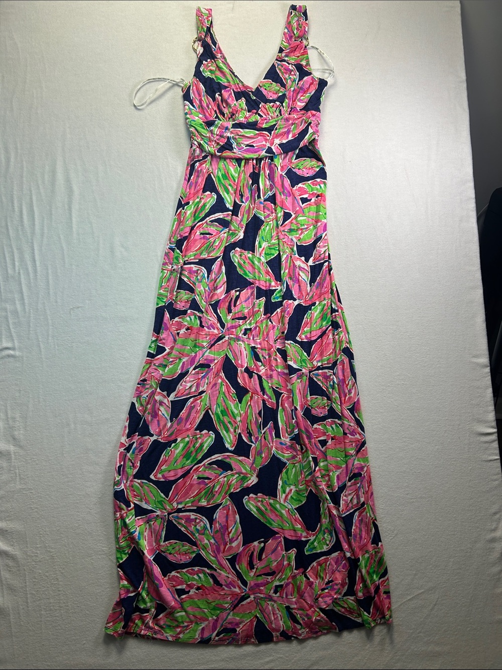 Lilly Pulitzer Navy Maxi Dress with Pink & Green Leaf Print